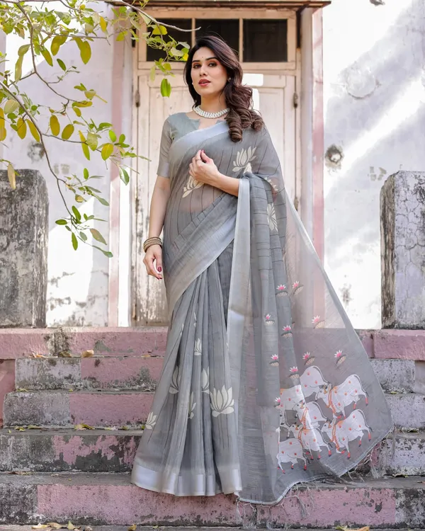 Grey_Linen_Lotus_&_Cow_Motif_Printed_Saree_For_Women