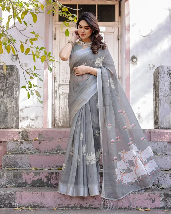 Grey_Linen_Lotus_&_Cow_Motif_Printed_Saree_For_Women