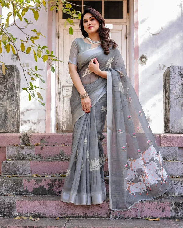 Grey_Linen_Lotus_&_Cow_Motif_Printed_Saree_For_Women