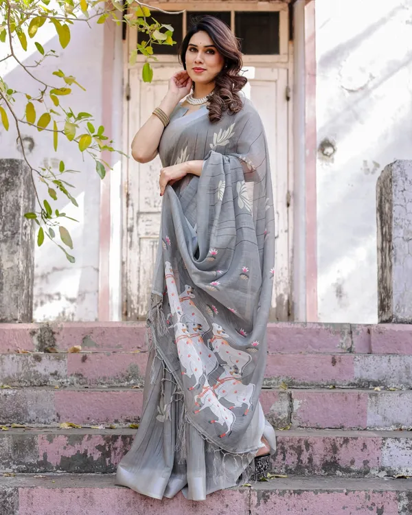 Grey_Linen_Saree_with_Lotus_&_Cow_Motif_Print