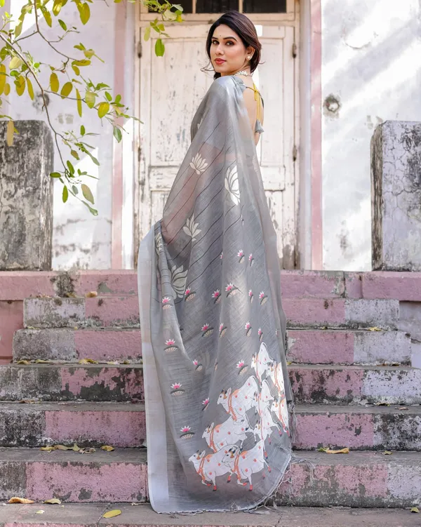 Grey_Linen_Saree_with_Lotus_&_Cow_Motif_Print