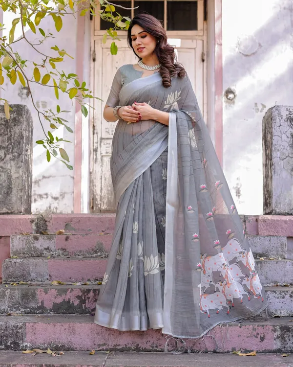 Grey_Linen_Lotus_&_Cow_Motif_Printed_Saree_For_Women