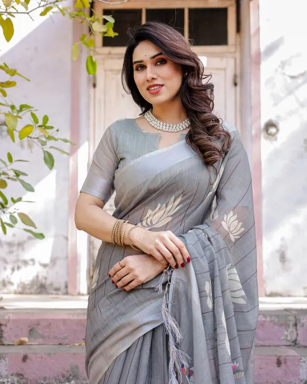 Grey_Linen_Saree_with_Lotus_&_Cow_Motif_Print