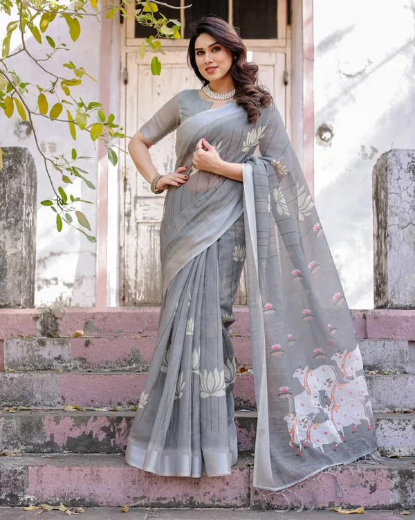 Grey_Linen_Lotus_&_Cow_Motif_Printed_Saree_For_Women