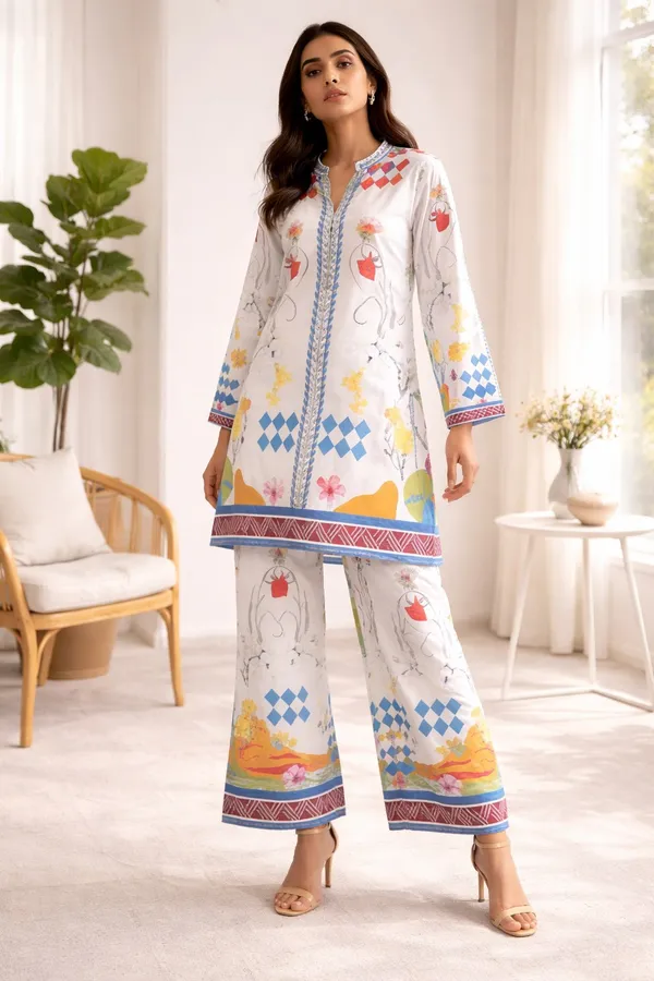 White_Cotton_Slub_Printed_Kurta_Palazzo_Co-Ord_Set_For_Women