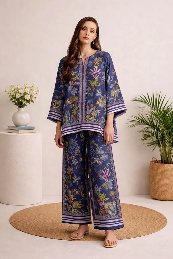 Navy_Blue_Modal_Silk_Floral_Printed_Tunic_Culotte_Co-Ord_Set_For_Women