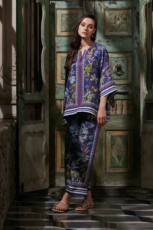 Navy_Blue_Modal_Silk_Floral_Printed_Tunic_Culotte_Co-Ord_Set_For_Women