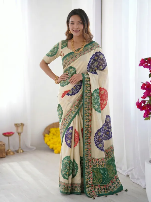 Ivory_White_&_Emerald_Green_Pure_Modal_Silk_Saree_with_Multicolor_Mandala_Print_&_Heritage_Designer_Pallu