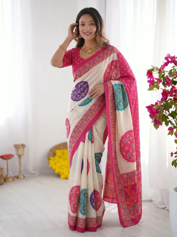 Ivory_White_&_Rani_Pink_Pure_Modal_Silk_Saree_with_Multicolor_Mandala_Print_&_Heritage_Designer_Pallu