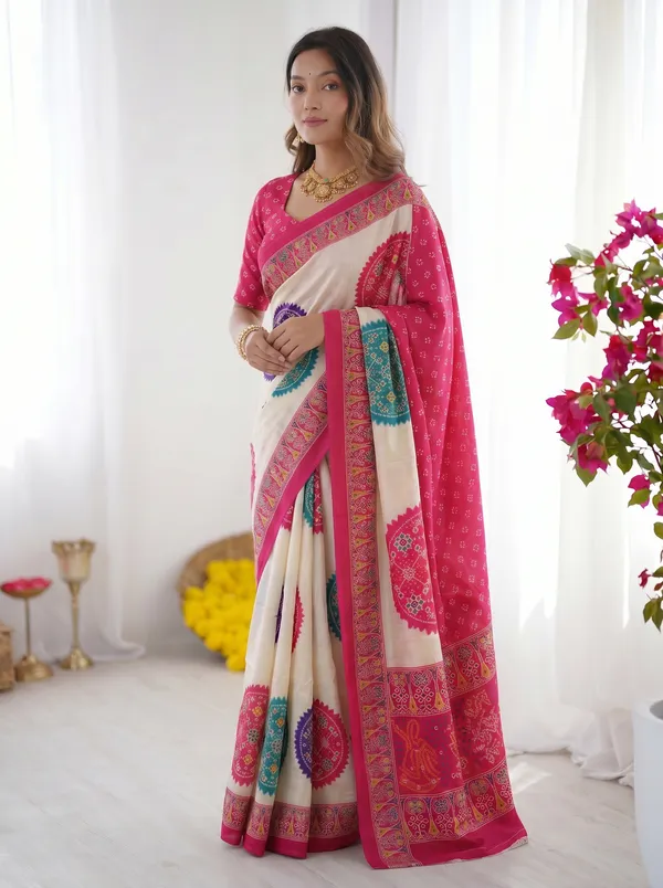 Ivory_White_&_Rani_Pink_Pure_Modal_Silk_Saree_with_Multicolor_Mandala_Print_&_Heritage_Designer_Pallu