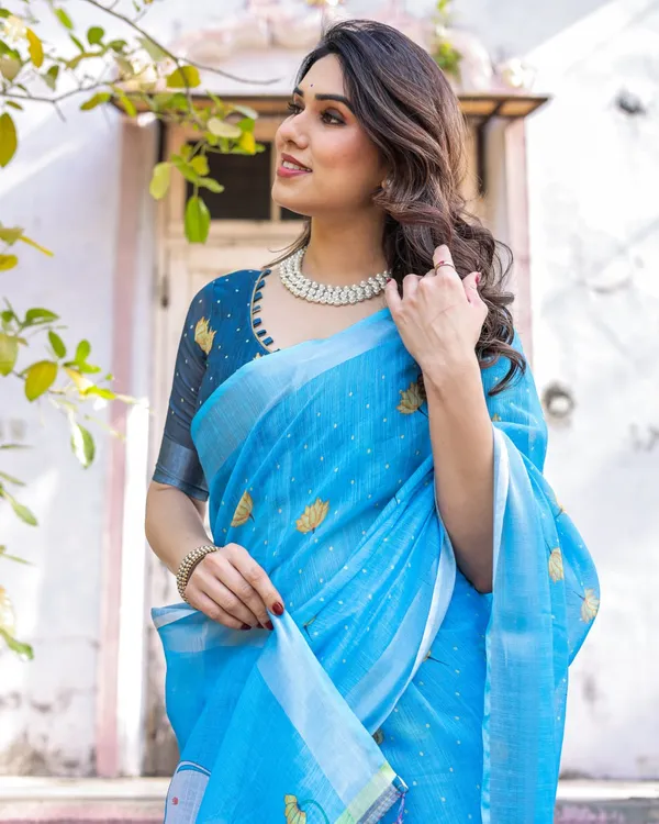 Light_Blue_Cotton_Linen_Chanderi_Floral_Printed_Saree_For_Women