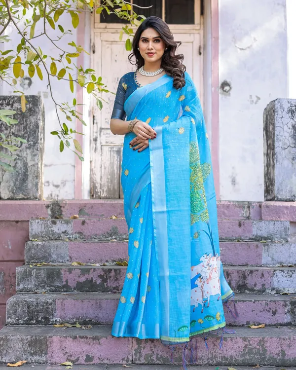Light_Blue_Cotton_Linen_Chanderi_Floral_Printed_Saree_For_Women