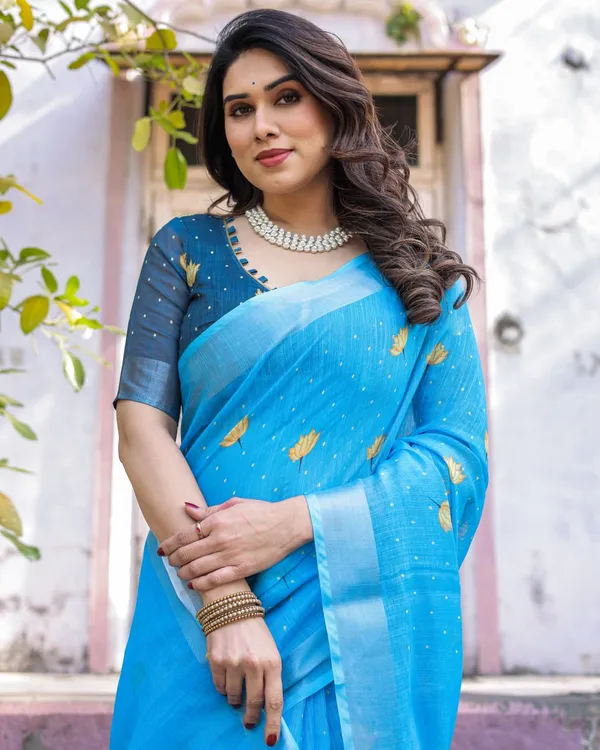 Light_Blue_Cotton_Linen_Chanderi_Saree_with_Floral_Print