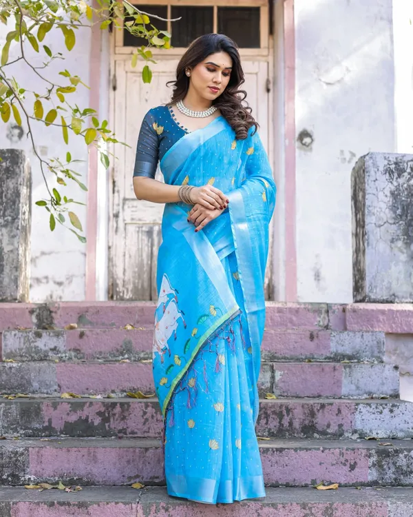 Light_Blue_Cotton_Linen_Chanderi_Saree_with_Floral_Print