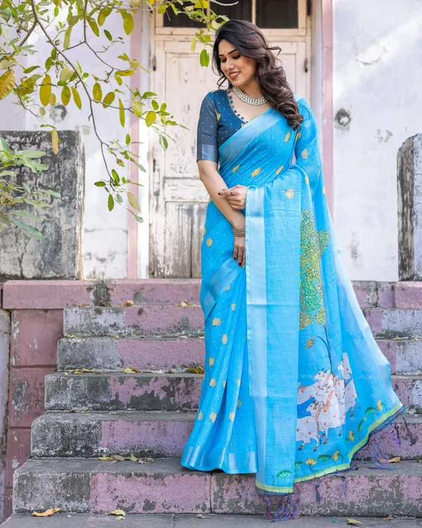 Light_Blue_Cotton_Linen_Chanderi_Floral_Printed_Saree_For_Women