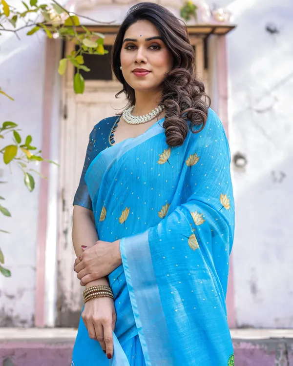 Light_Blue_Cotton_Linen_Chanderi_Saree_with_Floral_Print