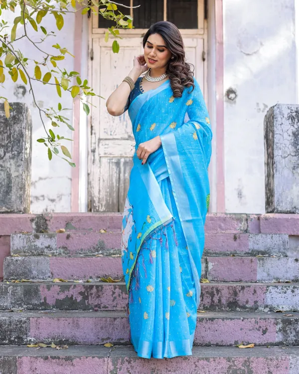 Light_Blue_Cotton_Linen_Chanderi_Saree_with_Floral_Print
