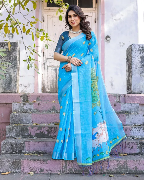 Light_Blue_Cotton_Linen_Chanderi_Floral_Printed_Saree_For_Women
