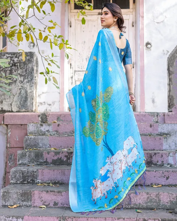 Light_Blue_Cotton_Linen_Chanderi_Floral_Printed_Saree_For_Women
