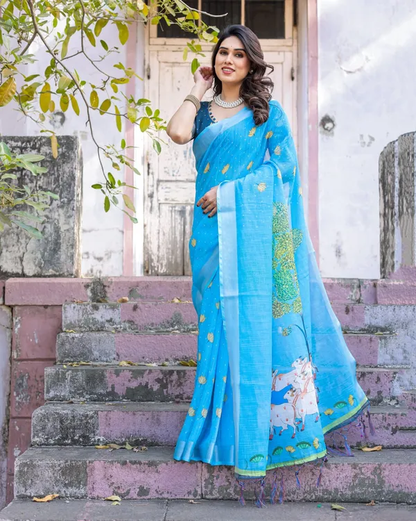 Light_Blue_Cotton_Linen_Chanderi_Floral_Printed_Saree_For_Women