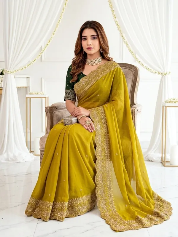 Lime_Georgette_Embroidered_Buti_Saree_For_Women