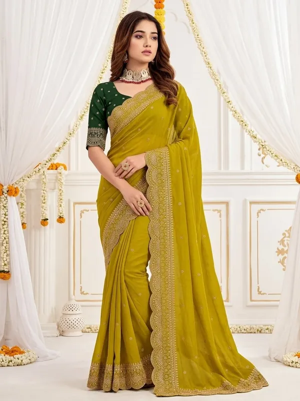 Lime_Georgette_Embroidered_Buti_Saree_For_Women