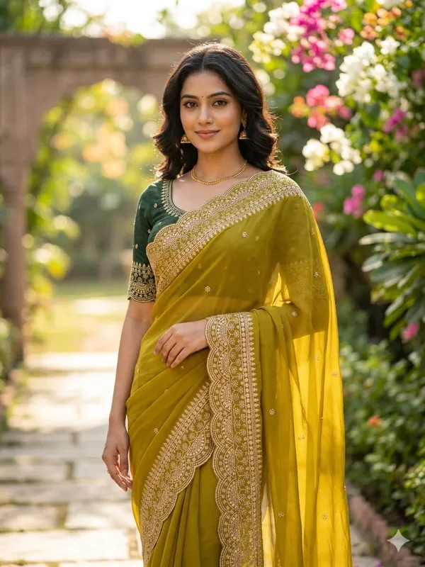 Lime_Georgette_Embroidered_Buti_Saree_For_Women