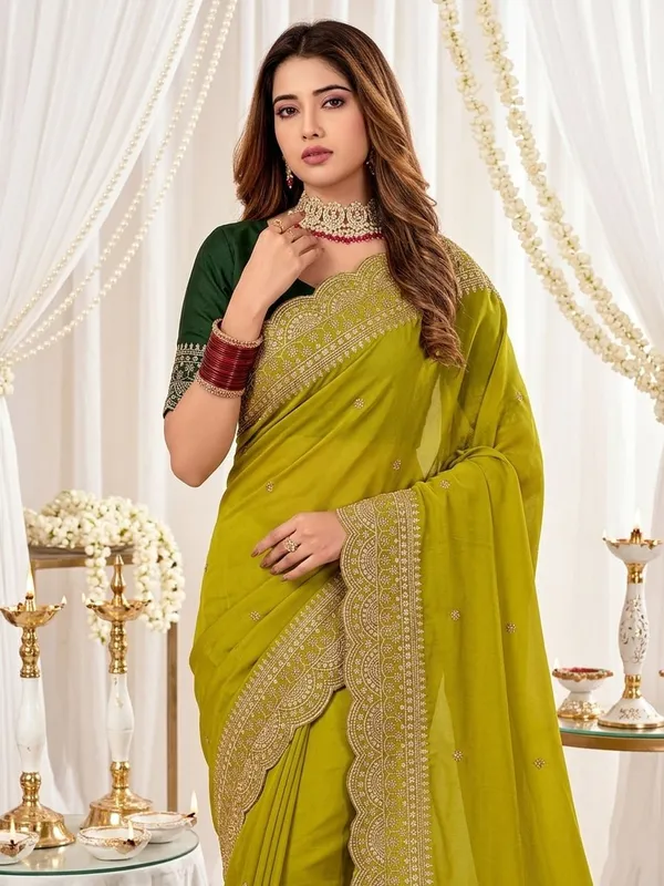 Lime_Georgette_Embroidered_Buti_Saree_For_Women