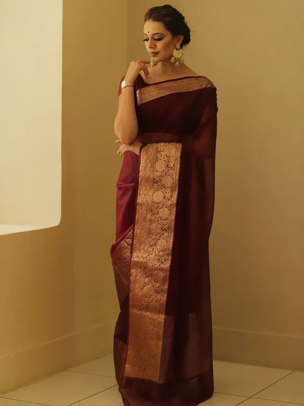 Maroon_Kanjivaram_Organza_Zari_Border_Saree_For_Women