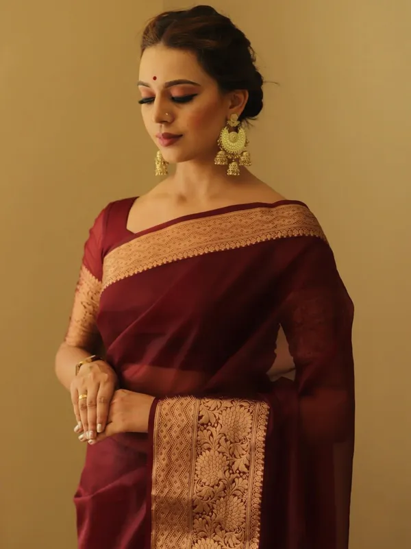 Maroon_Kanjivaram_Organza_Zari_Border_Saree_For_Women
