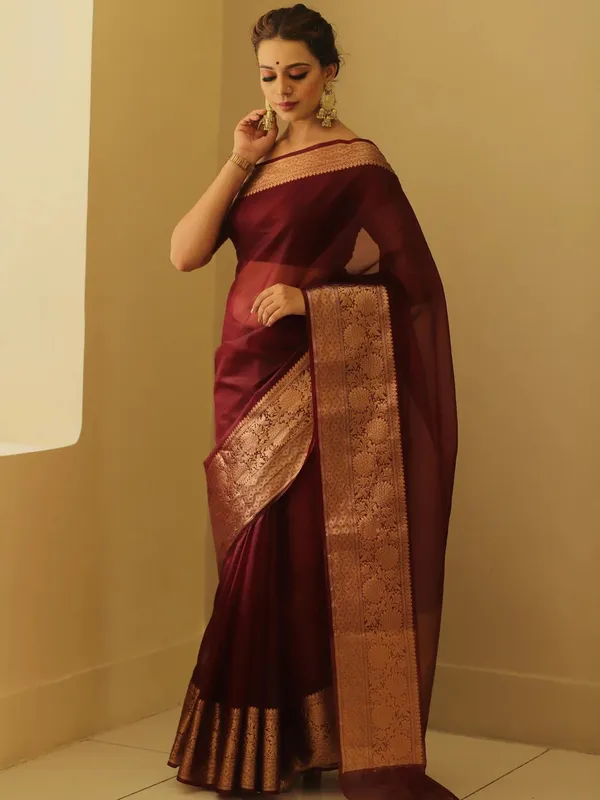 Maroon_Kanjivaram_Organza_Zari_Border_Saree_For_Women