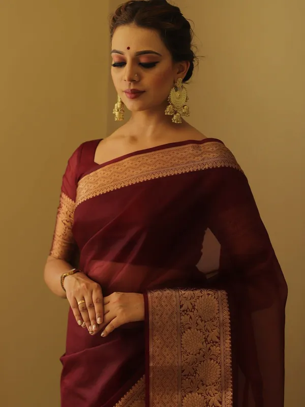 Maroon_Kanjivaram_Organza_Zari_Border_Saree_For_Women