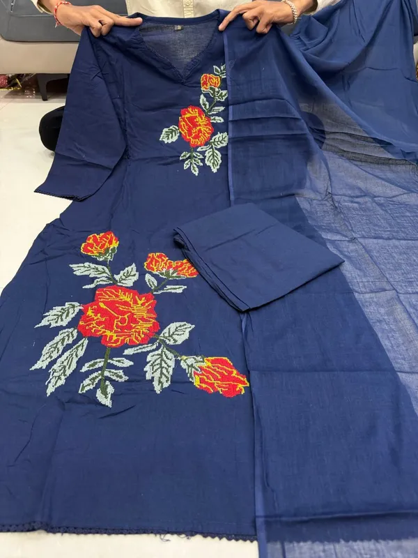 Navy_Blue_Rose_Embroidery_Cotton_Kurta_Pant_Set