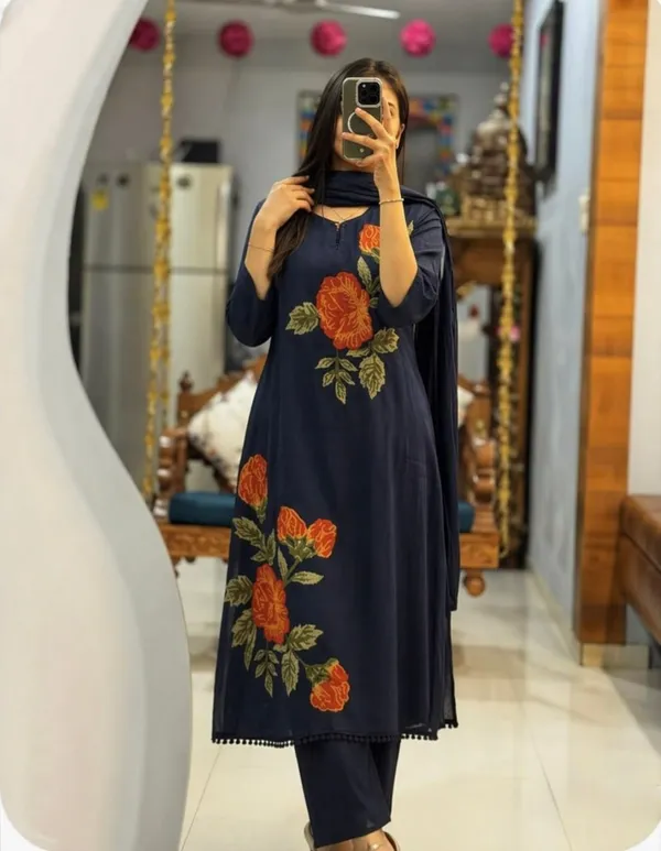 Navy_Blue_Rose_Embroidery_Cotton_Kurta_Pant_Set