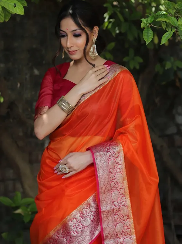 Orange_Kanjivaram_Organza_Saree_with_Golden_Zari_Border_|_Traditional_Party_Wear