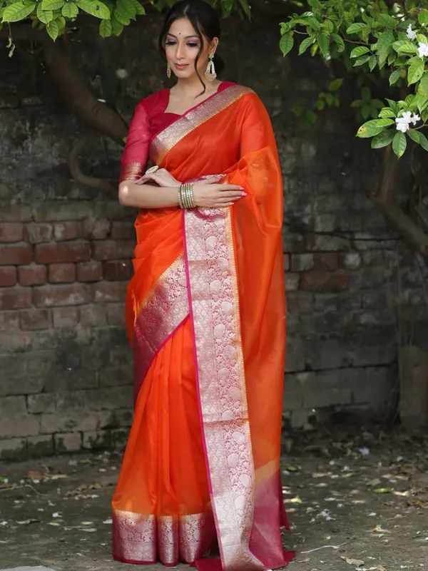 Orange_Kanjivaram_Organza_Saree_with_Golden_Zari_Border_|_Traditional_Party_Wear
