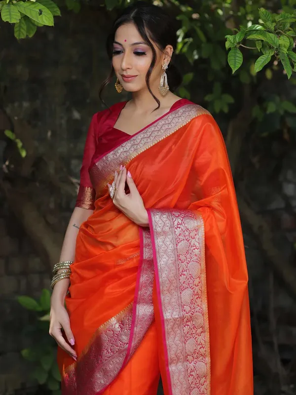 Orange_Kanjivaram_Organza_Saree_with_Golden_Zari_Border_|_Traditional_Party_Wear