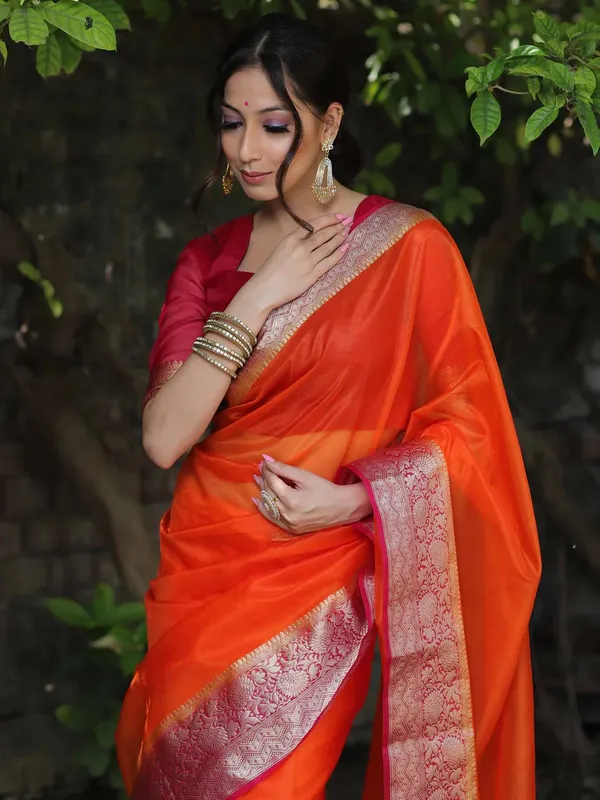 Orange_Kanjivaram_Organza_Saree_with_Golden_Zari_Border_|_Traditional_Party_Wear