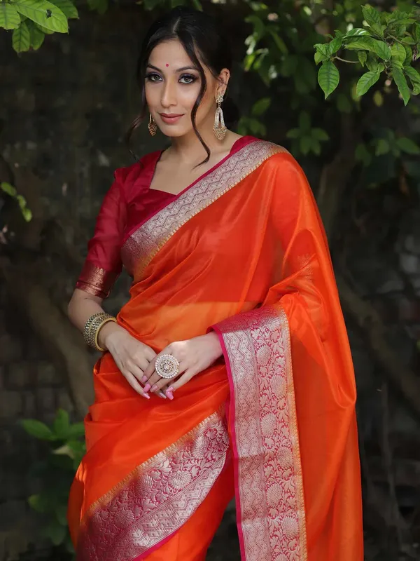 Orange_Kanjivaram_Organza_Saree_with_Golden_Zari_Border_|_Traditional_Party_Wear