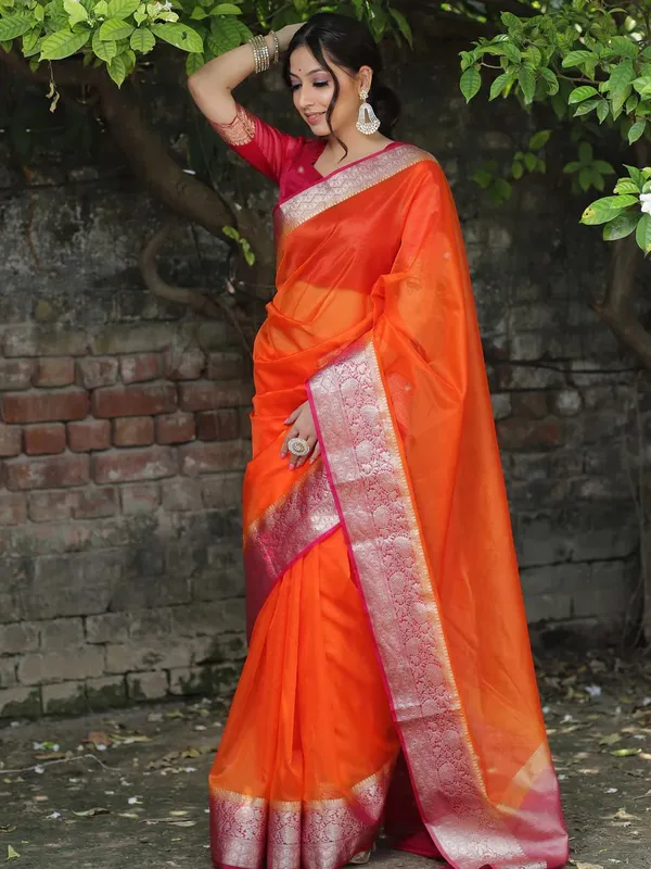 Orange_Kanjivaram_Organza_Saree_with_Golden_Zari_Border_|_Traditional_Party_Wear