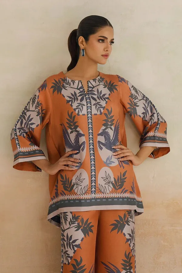 Orange_Modal_Silk_Orchid_Printed_Tunic_Palazzo_Co-Ord_Set_For_Women