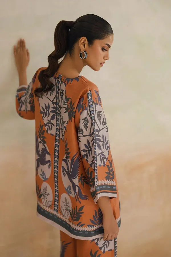 Orange_Modal_Silk_Orchid_Printed_Tunic_Palazzo_Co-Ord_Set_For_Women