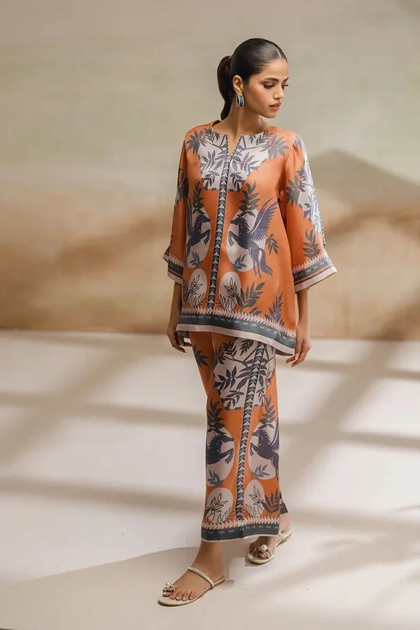 Orange_Modal_Silk_Orchid_Printed_Tunic_Palazzo_Co-Ord_Set_For_Women