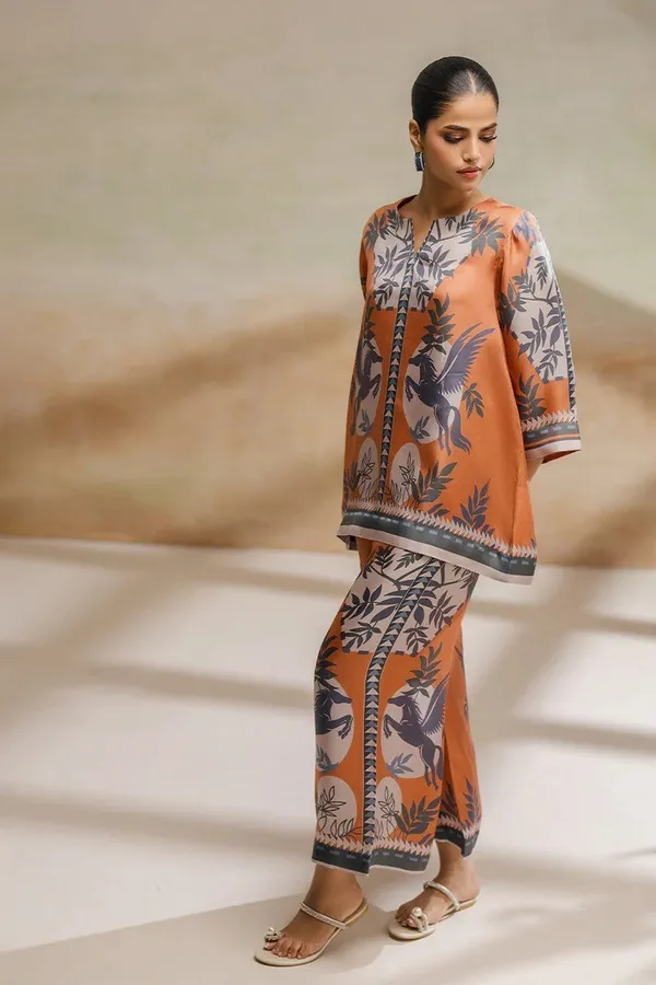 Orange_Modal_Silk_Orchid_Printed_Tunic_Palazzo_Co-Ord_Set_For_Women