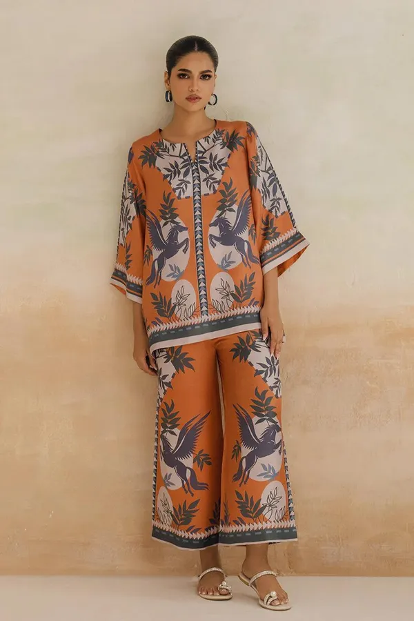 Orange_Modal_Silk_Orchid_Printed_Tunic_Palazzo_Co-Ord_Set_For_Women