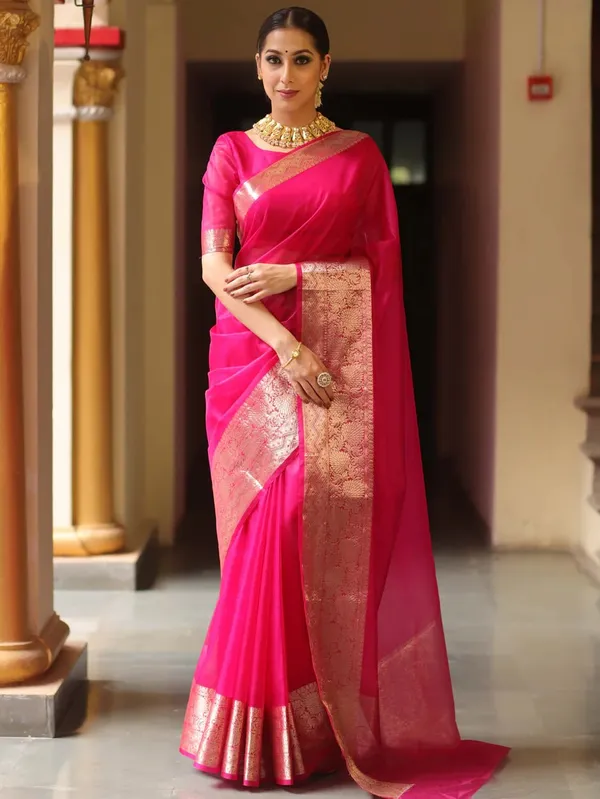 Pink_Organza_Kanjivaram_Zari_Border_Saree_For_Women