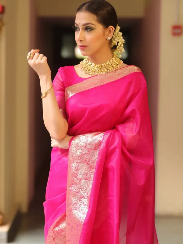 Pink_Kanjivaram_Organza_Saree_with_Elegant_Zari_Border_|_Wedding_&_Party_Wear