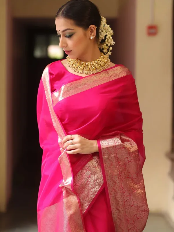 Pink_Kanjivaram_Organza_Saree_with_Elegant_Zari_Border_|_Wedding_&_Party_Wear