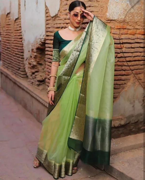 Pista_Green_Organza_Zari_Border_Saree_For_Women