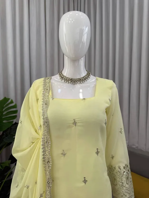 Sunshine_Yellow_Faux_Georgette_Sequin_Work_Suit_Set_|_Readymade_Top,_Micro_Cotton_Pant_&_Lace_Dupatta